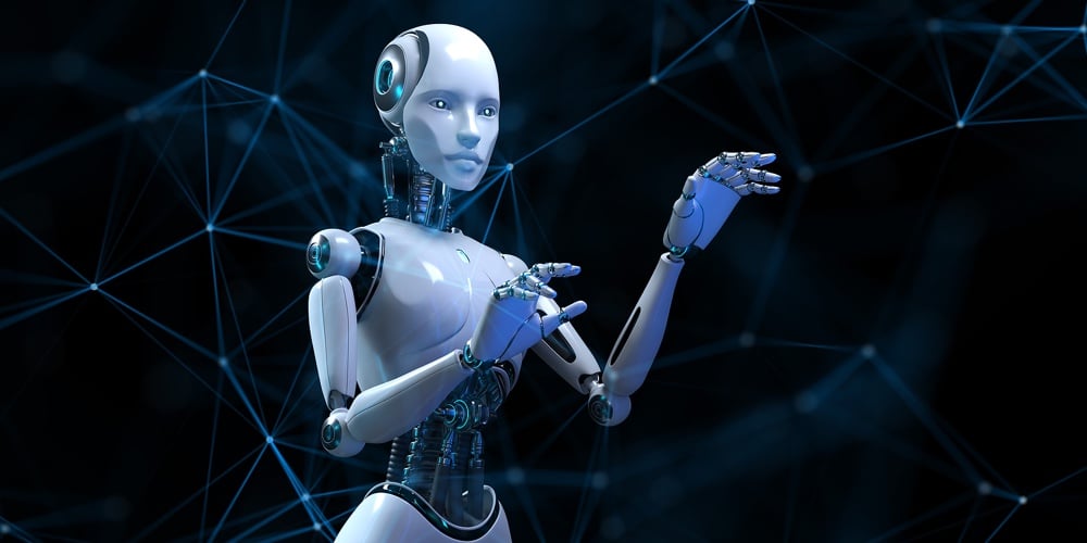 Cyborg Robot 3d Render Plexus Background Robotic Process Automation Ai Data Analysis