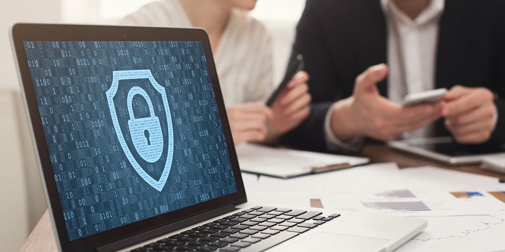 Data Protection And Corporate Cyber Security Concept. Laptop With Closed Padlock Icon And Binary Cod