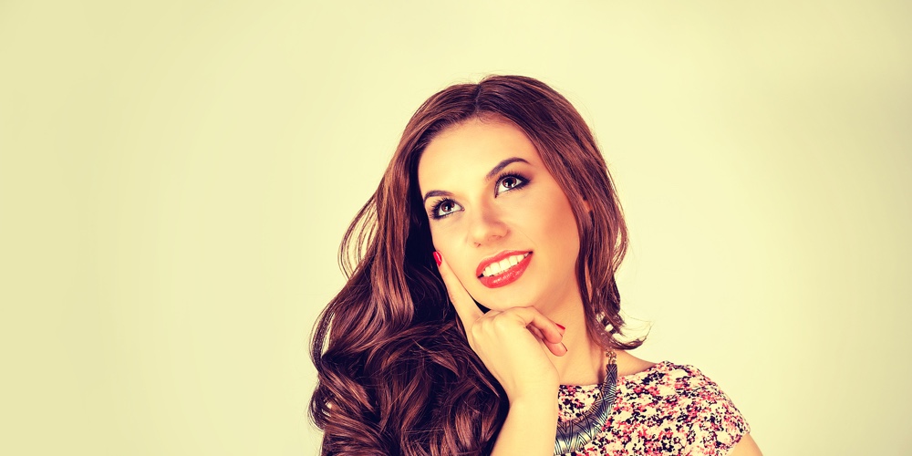 Daydreaming. Closeup Headshot Portrait Charming Girl Smiling Joyful Happy Woman Looking Upwards Thin