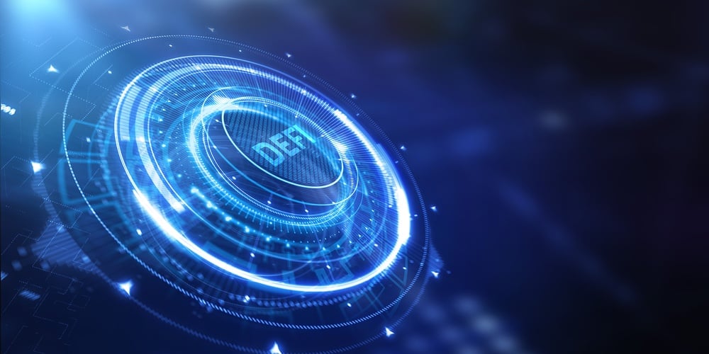 Defi -decentralized Finance On Dark Blue Abstract Polygonal Background. Concept Of Blockchain