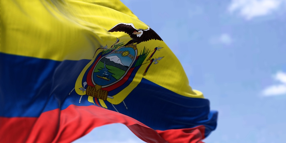 Detailed Close Up Of The National Flag Of Ecuador Waving In The Wind On A Clear Day. Democracy And P
