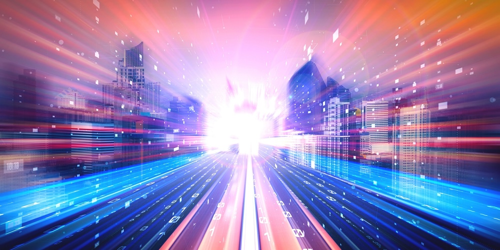 Digital Data Flow On Road With Motion Blur To Create Vision Of Fast Speed Transfer . Concept Of Futu