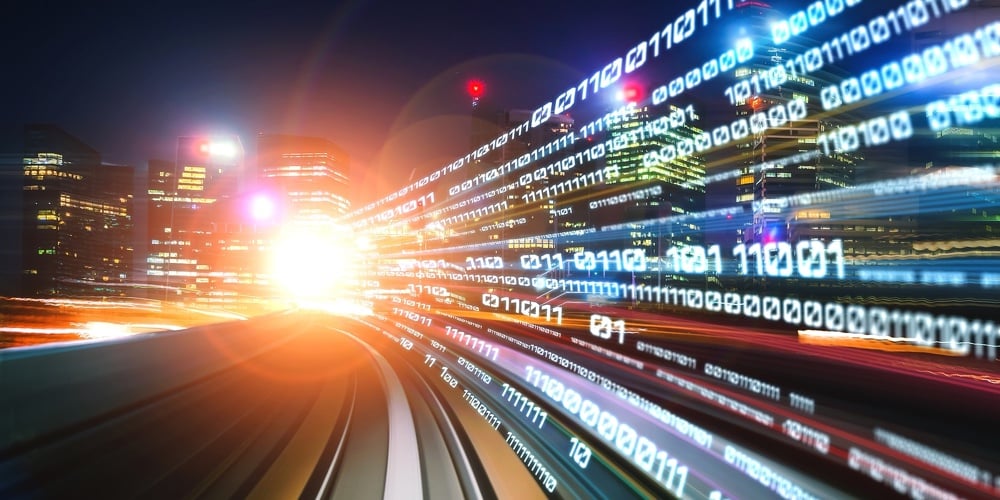 Digital Data Flow On Road With Motion Blur To Create Vision Of Fast Speed Transfer . Concept Of Futu