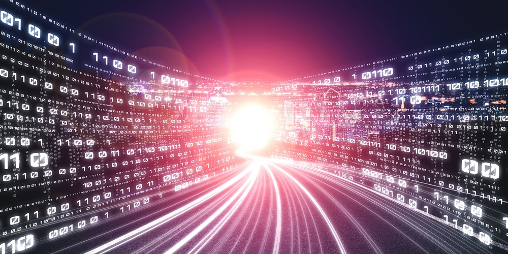 Digital Data Flow On Road With Motion Blur To Create Vision Of Fast Speed Transfer . Concept Of Futu