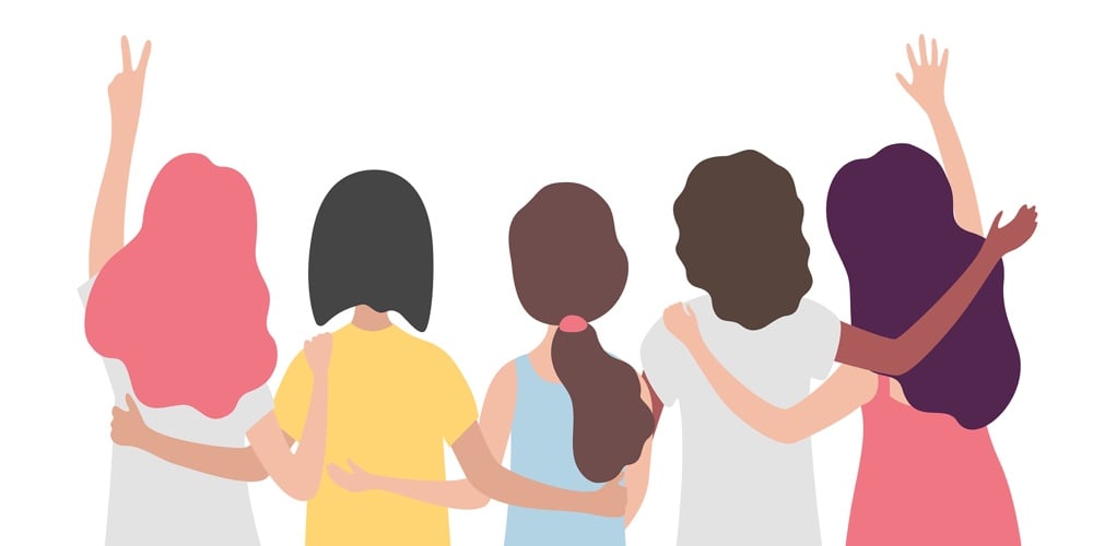 Diverse International Group Of Women Or Girl Hugging Together. Sisterhood