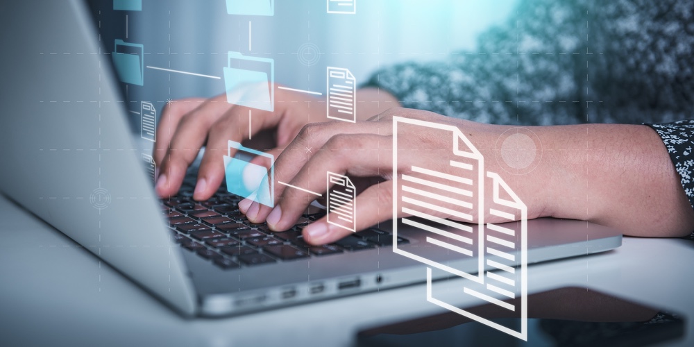 Document Database Management Storage On Digital Cloud Computing Network System. Businesswoman Woking