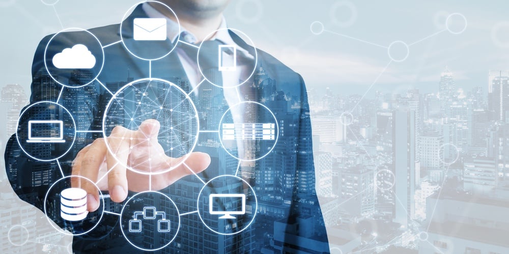Double Exposure Of Professional Businessman Connected Devices With World Digital Technology Internet