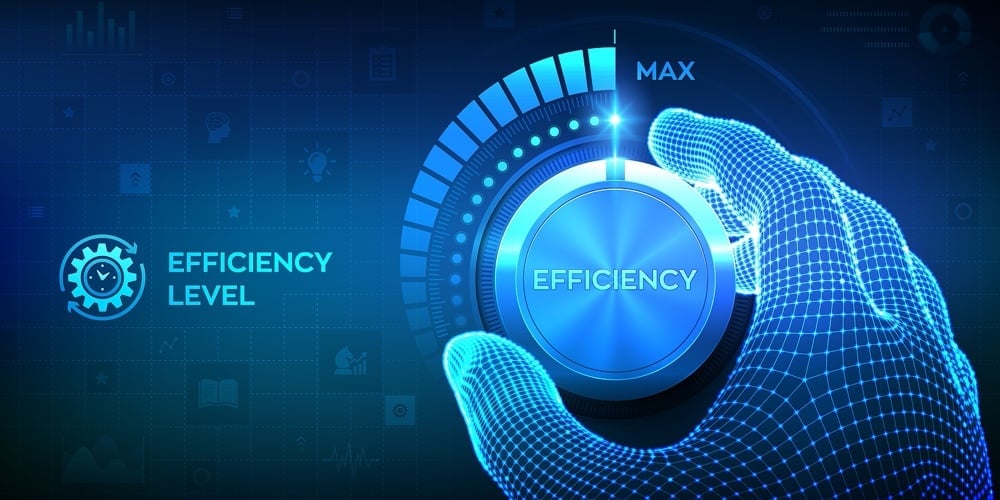 Efficiency Levels Knob Button. Increasing Efficiency Level. Wireframe Hand Turning A Efficiency Test