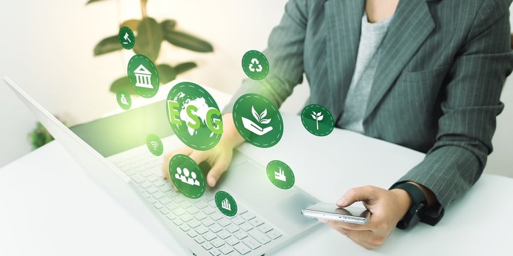 Esg Environment Social Governance Investment Business Concept. Women Use A Computer To Analyze Esg