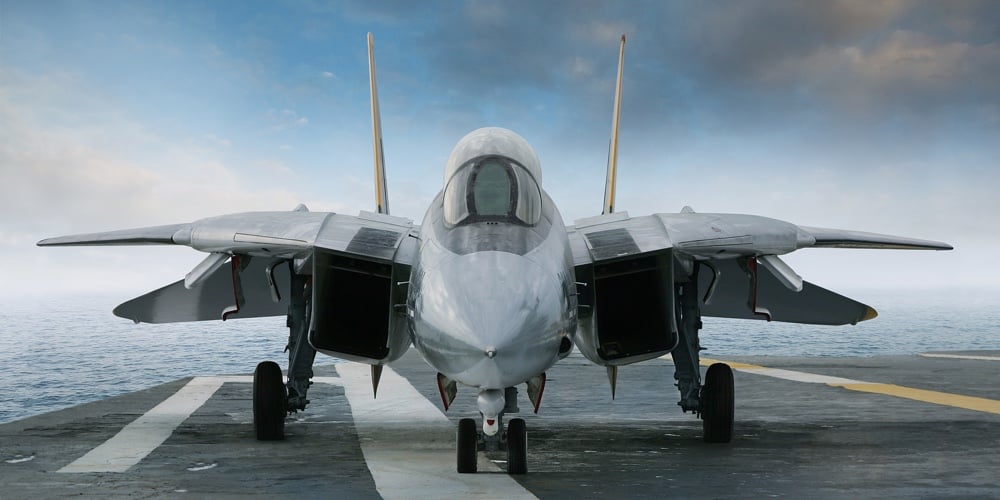 F-14 Jet Fighter On An Aircraft Carrier Deck Viewed From Front
