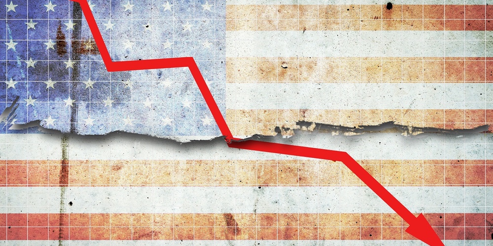 Fall Of The Us Economy. The Graph Of The Recession Of The Economy With A Red Arrow