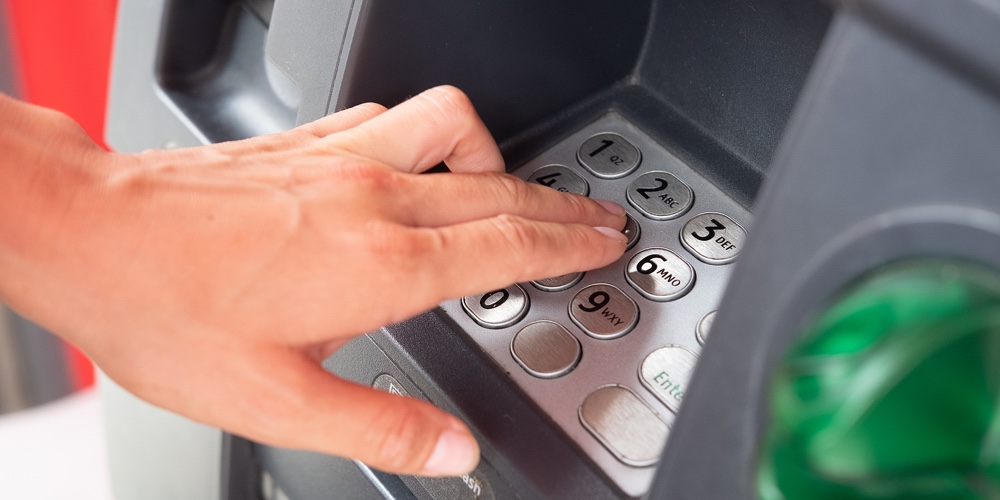 Fingers On The Atm Keyboard. Set The Pin Code For Withdrawing Cash From An Atm.