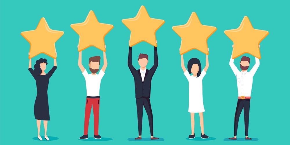 Five Stars Rating Flat Style Vector Concept. People Are Holding Stars Over The Heads. Feedback Consu