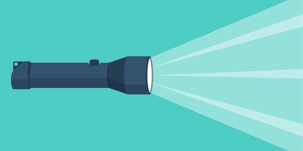 Flashlight Flat Icon With A Bright Beam. Electric Lamp Battery Powered. Pocket Flashlight. Light Sou