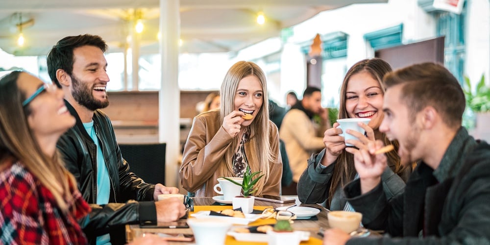 Friends Group Drinking Cappuccino At Coffee Bar – People Talking And Having Fun Together At Fancy Ca