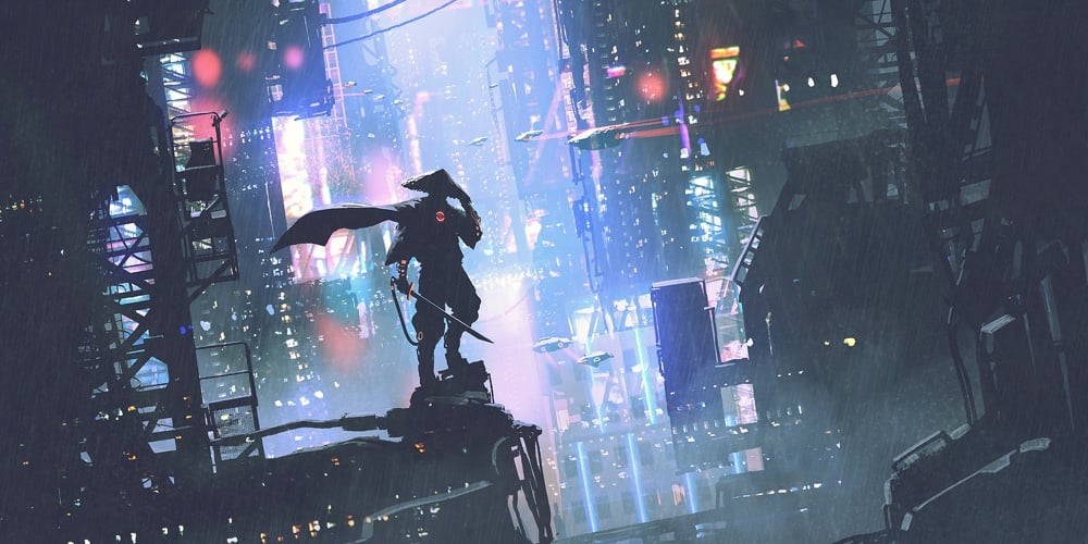 Futuristic Samurai Standing On A Building In Cyberpunk City At Rainy Night