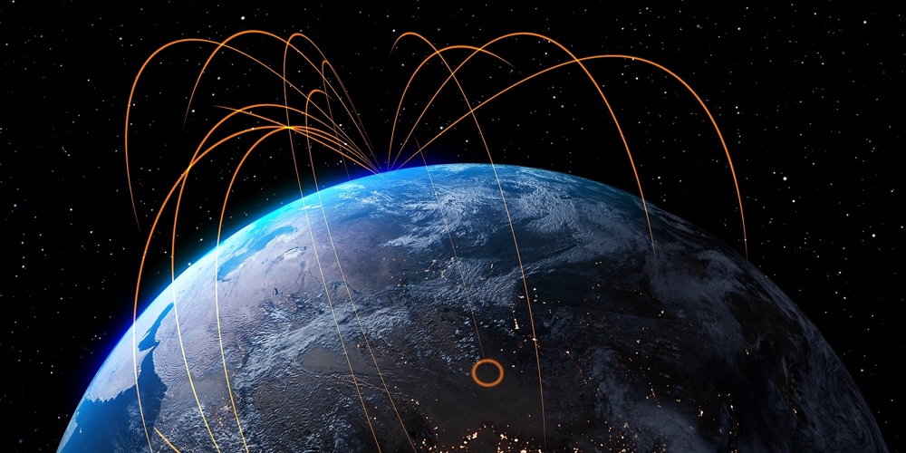 Global Network And Internet Connection In Orbital Earth Globe . Concept Of Wireless Digital Connecti