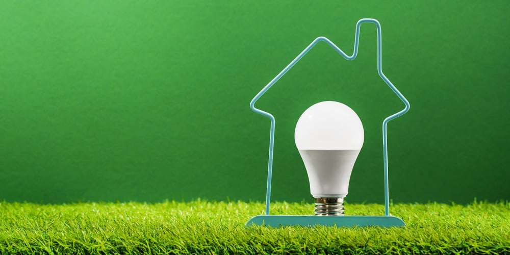 Glowing Led Light Bulb Inside House Frame On Green Grass Background. Green Energy Saving And Smart H