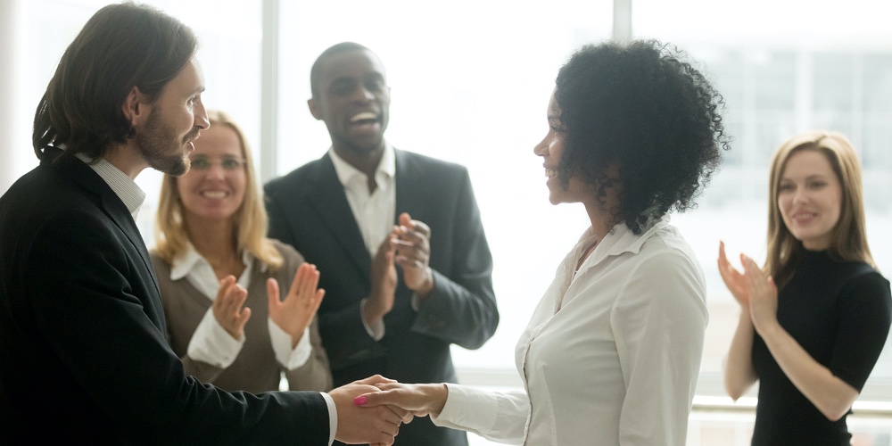 Grateful Boss Handshaking Promoting African Businesswoman Congratulating With Career Achievement Whi