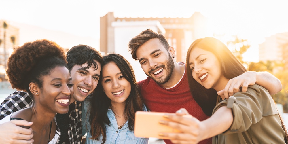 Group Multiracial Friends Taking Selfie With Mobile Smartphone Outdoor – Happy Mixed Race People Hav