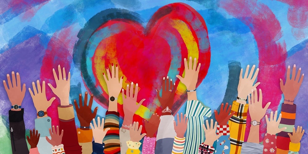 Group Of Diverse People With Arms And Hands Raised Towards A Hand Painted Heart. Charity Donation An