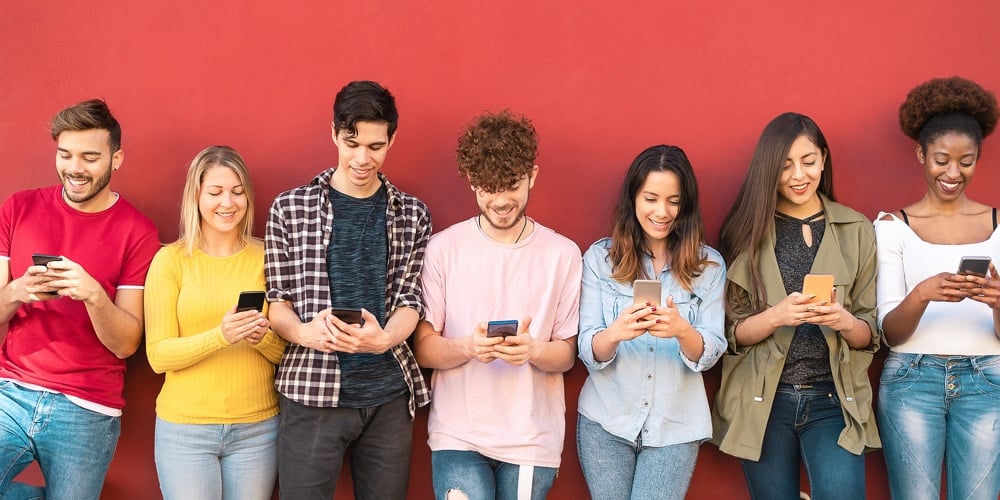Group Young Friends Using Mobile Smartphone Outdoor – Millennial Generation Having Fun With New Tren