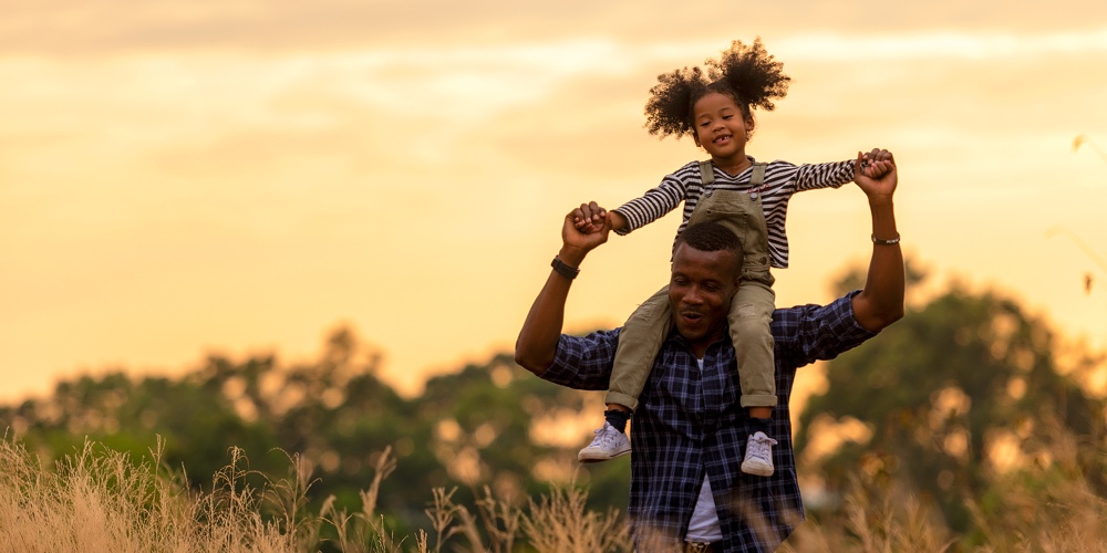 Happy African Family Father And Child Daughter Travel And Running On Meadow Nature On Silhouette Lig