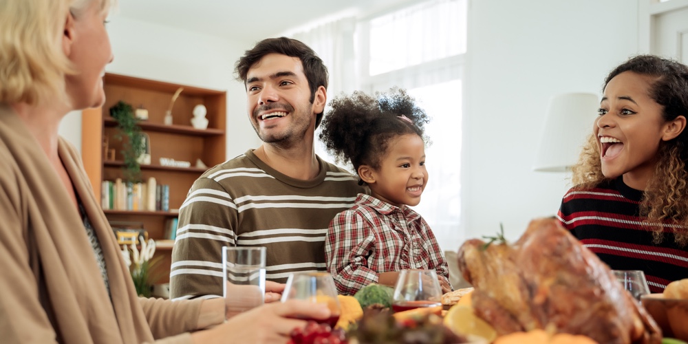 Happy Family Celebrating Thanksgiving Dinner At Home  .thanksgiving Celebration Tradition Concept