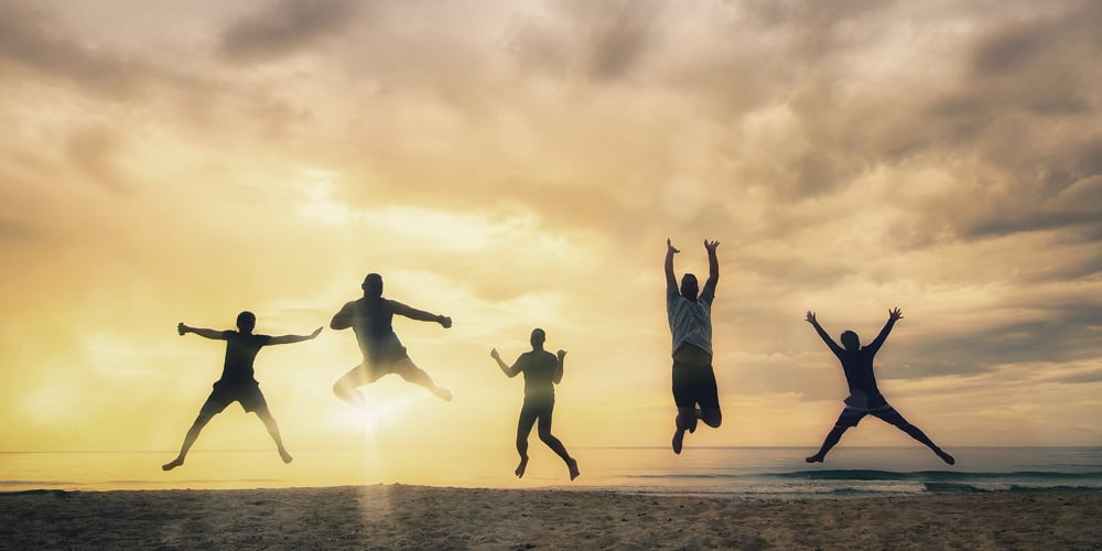 Happy Family People Group Celebrate Jump For Good Life On Weekend Concept For Win Victory