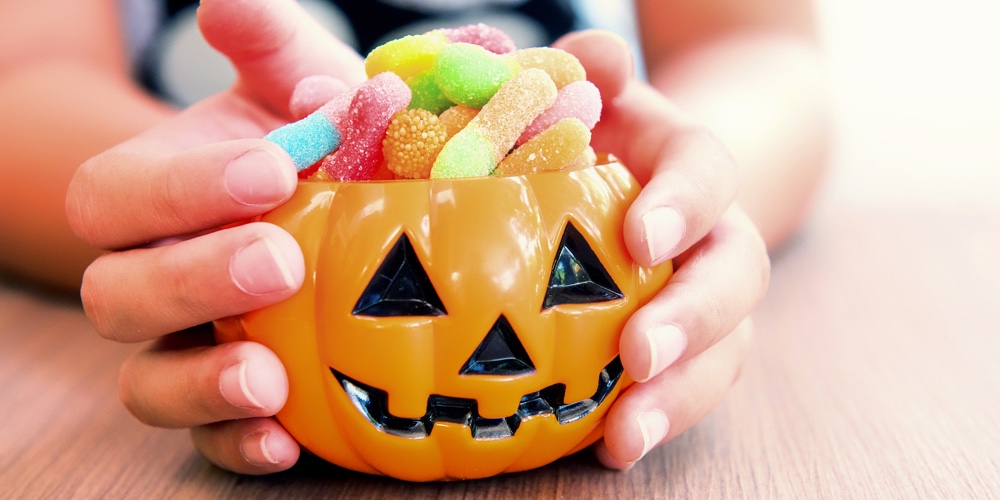 Happy Halloween With Candy And Pumpkin For Party. Trick Or Treat At In Autumn Season.