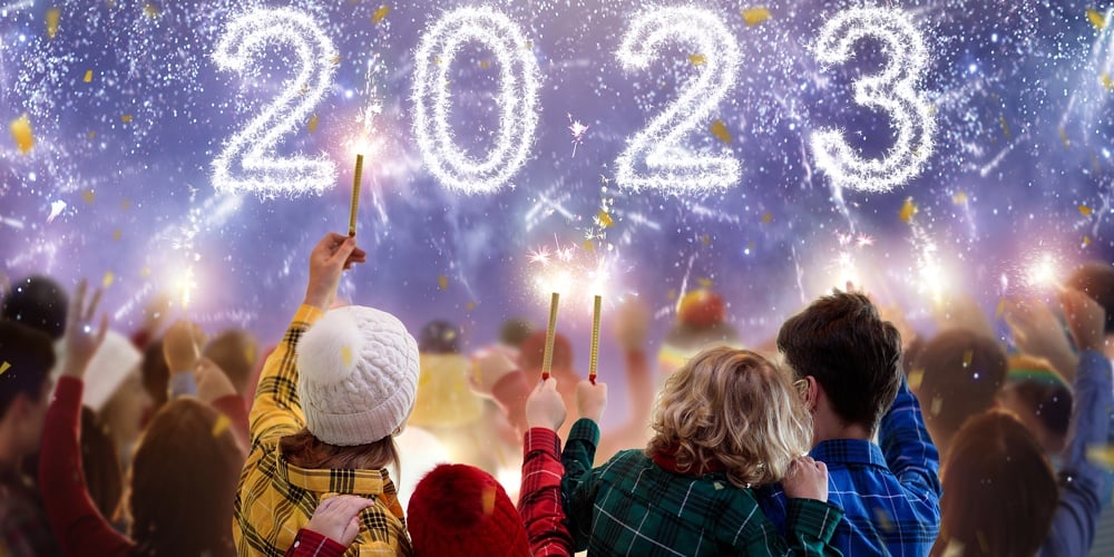 Happy New Year. Family Watching Fireworks. Parents And Kids Celebrate New 2023 Year. Winter Holiday