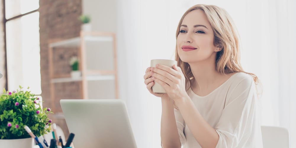Happy Pretty Cute Woman Working With Computer Enjoying Coffee
