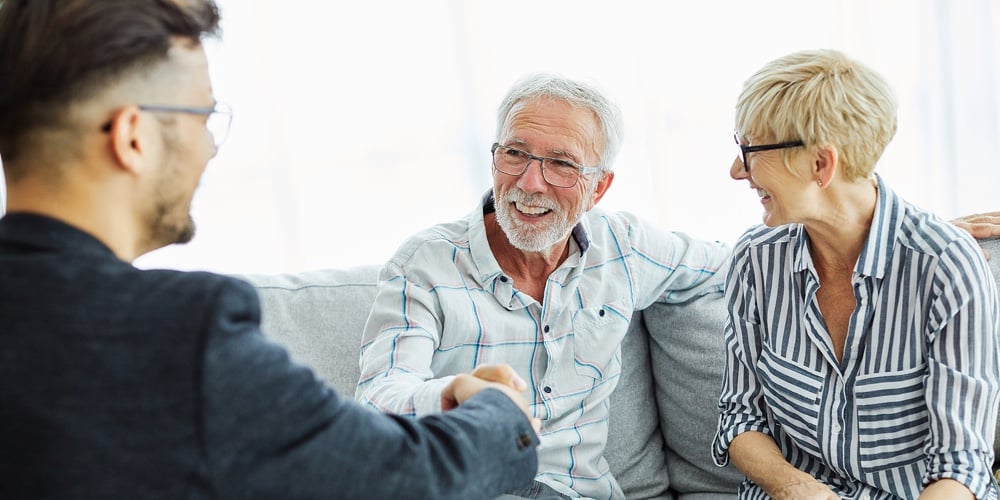 Happy Senior Old Family Couple Clients Make Financial Insurance Estate Business Deal Handshake Agent