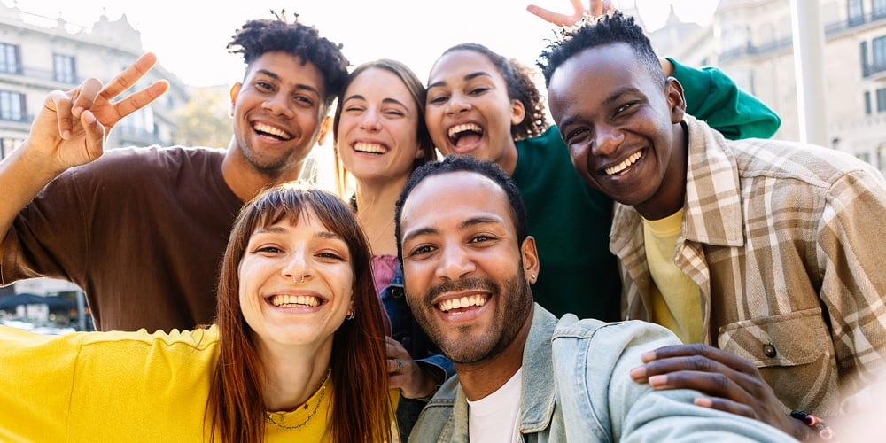 Happy Young Group Of Multiracial Best Friends Having Fun Together Outdoors. Millennial Diverse Peopl