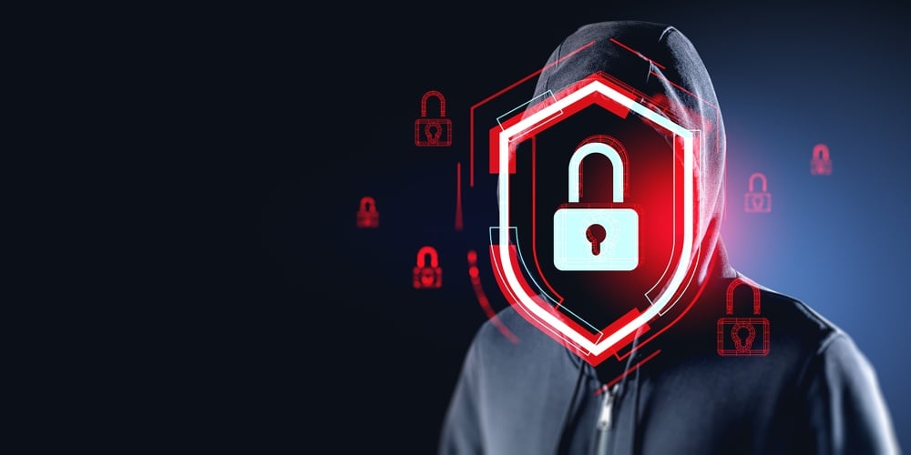 Hooded Man Hacker Portrait With Red Glowing Protective Shield And Padlock Icon Hud