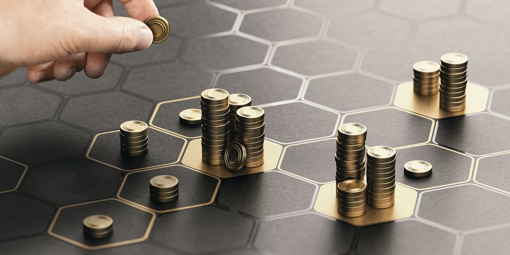 1|2|Human Hand Stacking Generic Coins Over A Black Background With Hexagonal Golden Shapes. Concept Of I
