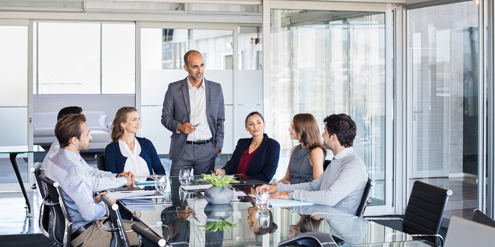 Human resource manager training people about company and future prospects. Group of businesspeople s