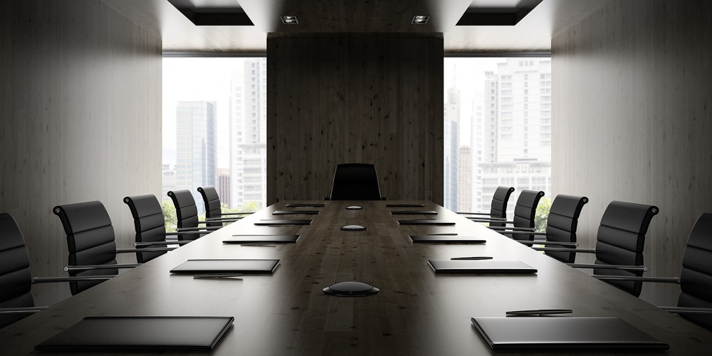 Interior of modern boardroom with black armchairs 3D rendering