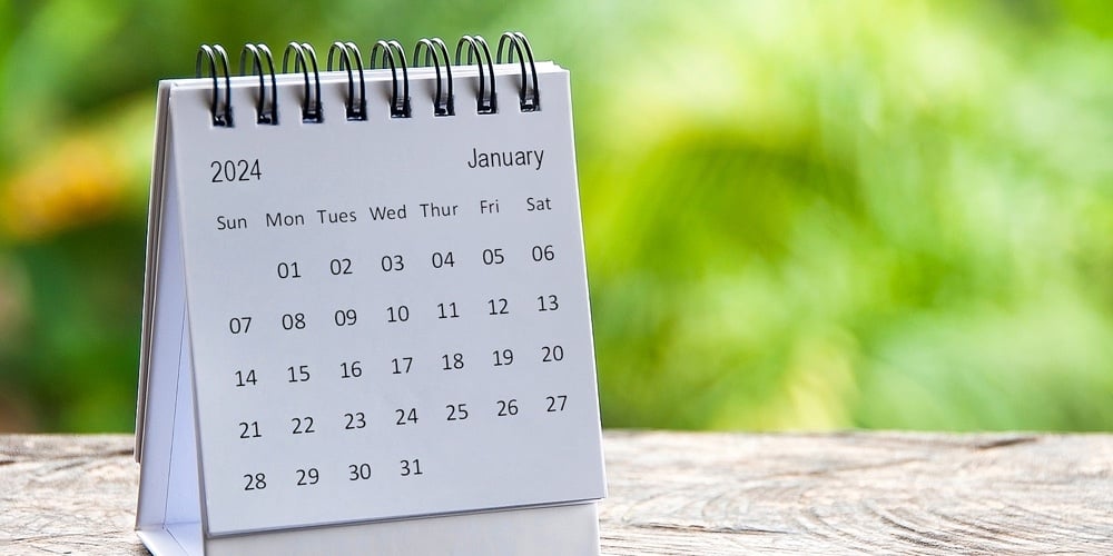 January 2024 Table Calendar With Customizable Space For Text. Calendar Concept And Copy Space.