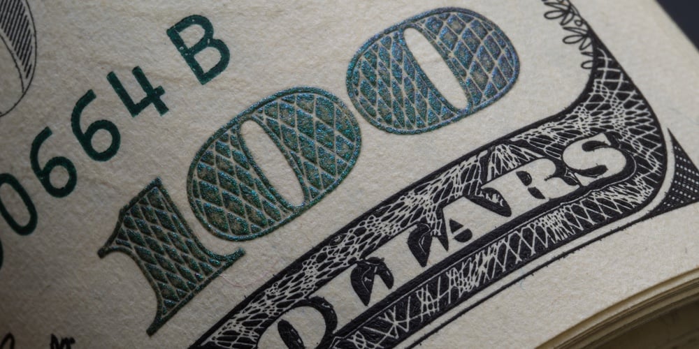 Macro Shot Of A 100 Dollar. Dollars Closeup Concept. American Dollars Cash Money. One Hundred Dollar