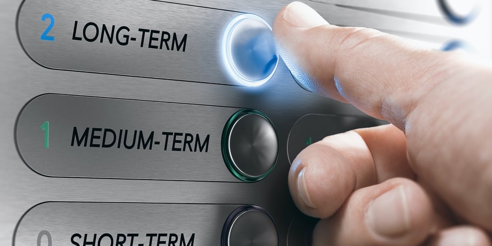 Man Pushing An Elevator Buttons Where It Is Written Long Term. Investment Concept. Composite Image B