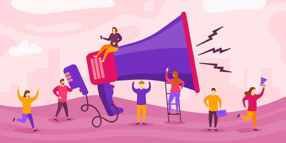 Megaphone And Characters People. Big Megaphone And Flat Characters Of Advertising. Marketing Concept