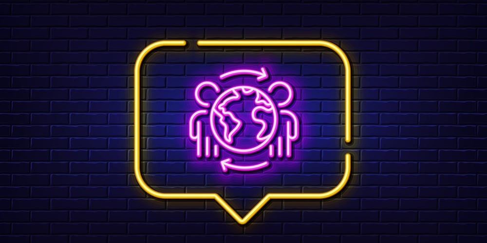 Neon Light Speech Bubble. Global Business Line Icon. International Outsourcing Sign. Internet Market
