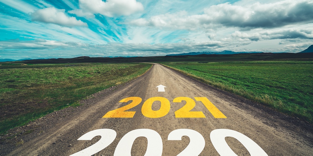 2021 New Year Road Trip Travel And Future Vision Concept . Nature Landscape With Highway Road Leadin