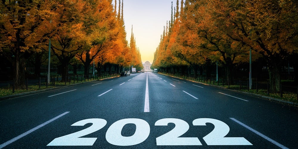 2022 New Year Road Trip Travel And Future Vision Concept . Nature Landscape With Highway Road Leadin