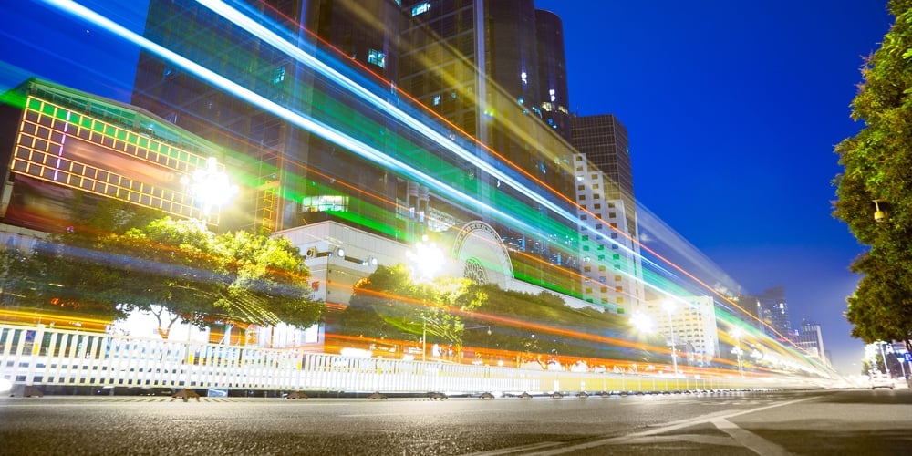Nightscape Downtown  with  headlights trails of traffic through