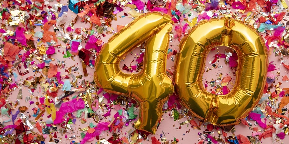 Number 40 Gold Birthday Celebration Balloon On A Confetti Glitter Background