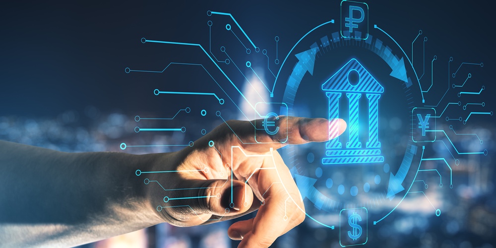 Online Banking And Digital Money Concept With Man Finger On Virtual Touch Screen Interface With Cent