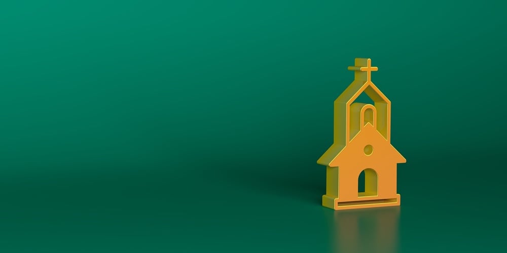 Orange Church Building Icon Isolated On Green Background. Christian Church. Religion Of Church. Mini