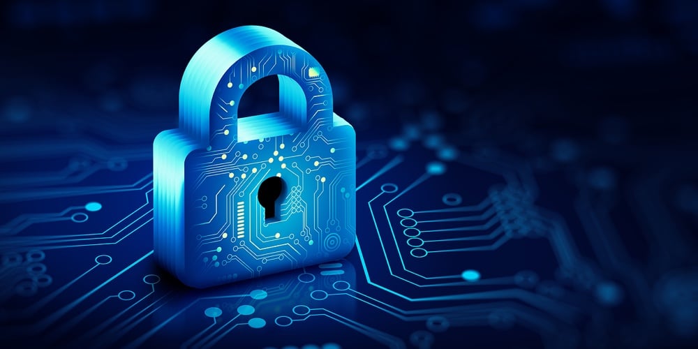 Padlock With Keyhole In Data Security On Converging Point Of Circuit. Cyber Data And Information Pri